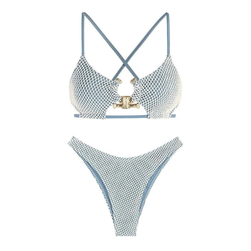  Women's Cutout Bikini Criss Cross Textured Metal High Leg Bikini Sets