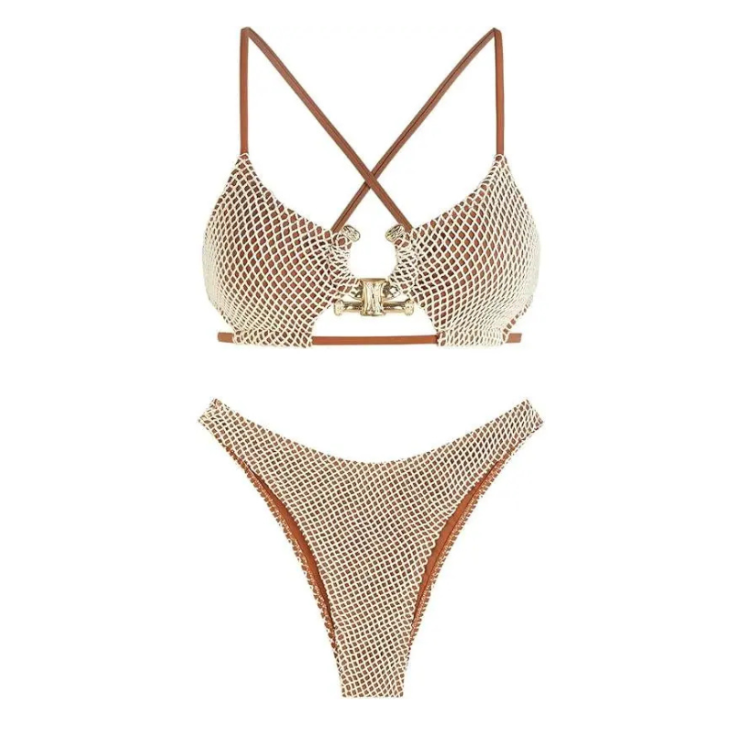  Women's Cutout Bikini Criss Cross Textured Metal High Leg Bikini Sets