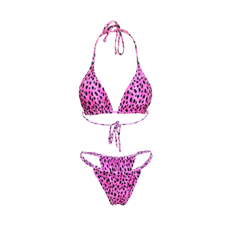 Two-Piece Set Women's Solid Tie Back Halter Bikini Triangle Top & Thong Swimwear Set