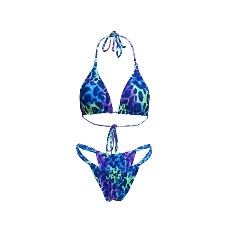 Two-Piece Set Women's Solid Tie Back Halter Bikini Triangle Top & Thong Swimwear Set