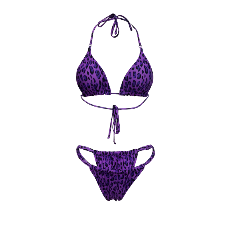 Two-Piece Set Women's Solid Tie Back Halter Bikini Triangle Top & Thong Swimwear Set