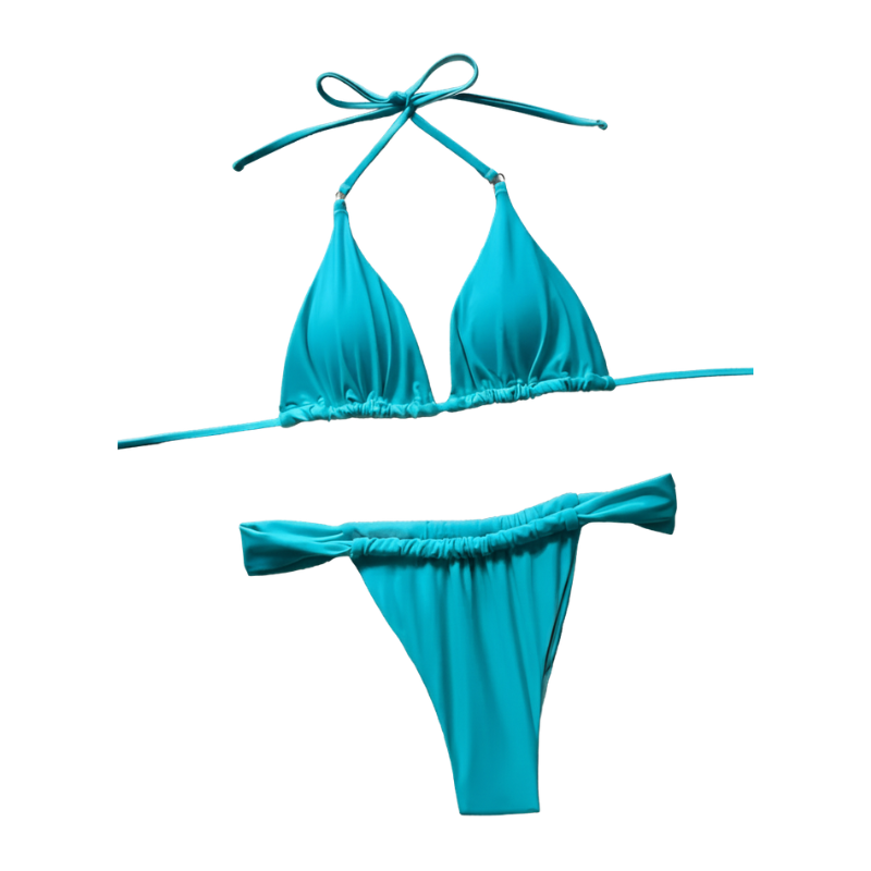 Two-Piece Set Women's Solid Tie Back Halter Bikini Triangle Top & Thong Swimwear Set