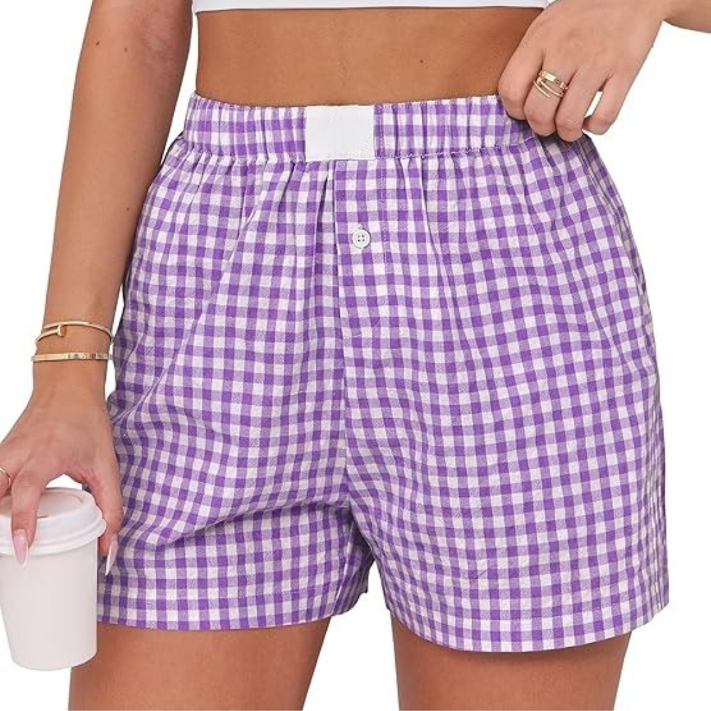Women Gingham Plaid Boxer Lounge Shorts 