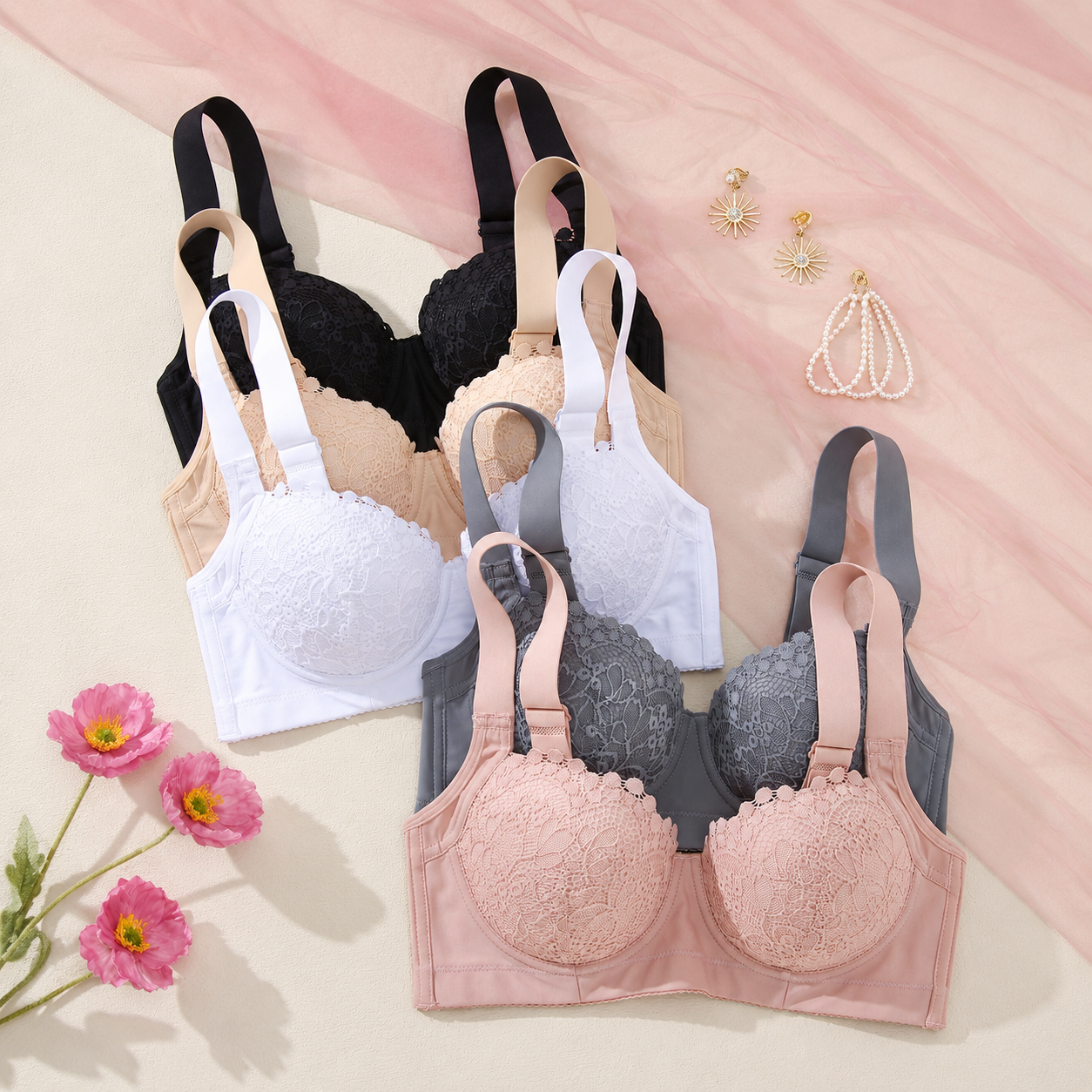 Pack Of 5 Lace Underwire Push Up Bras For Women