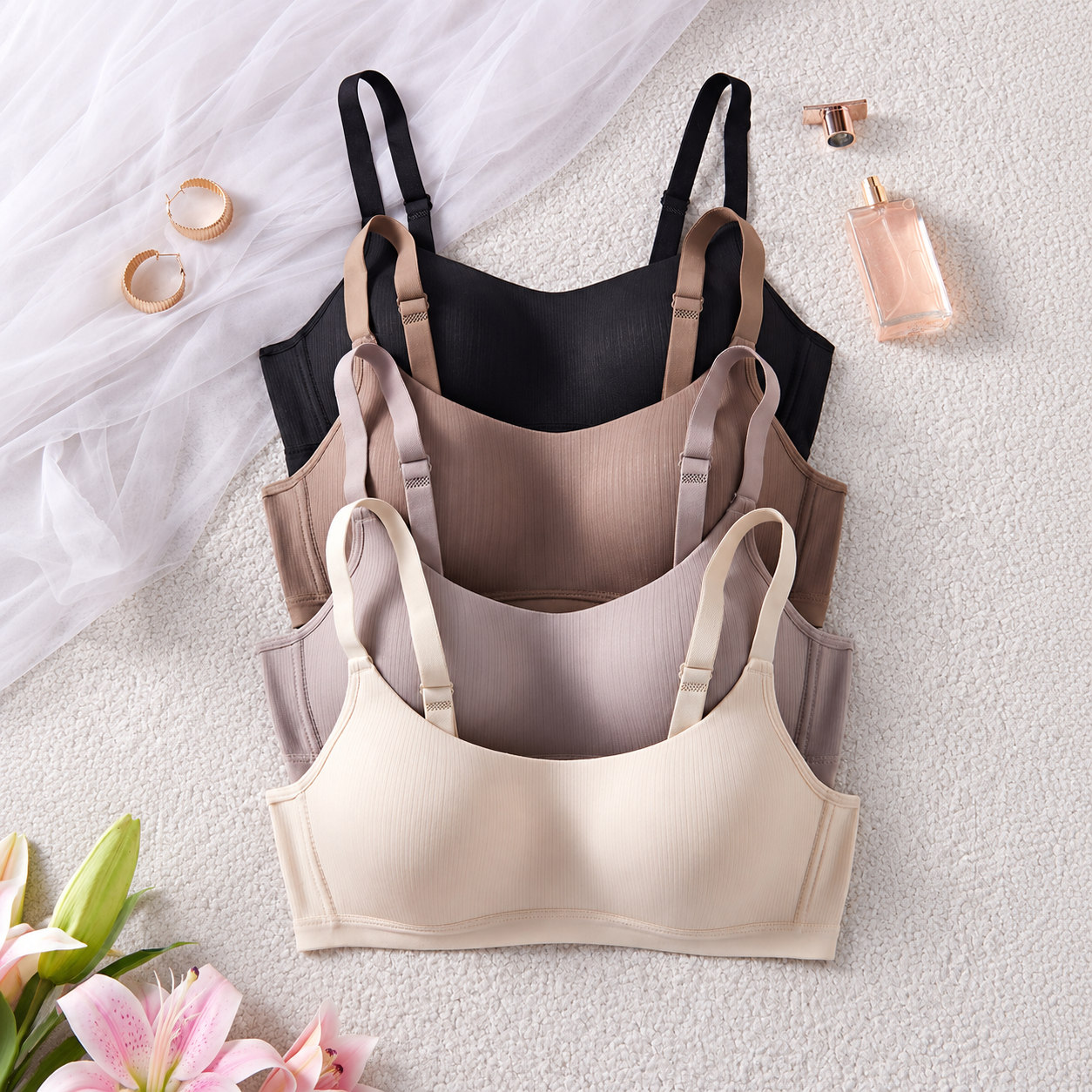 Pack Of 4 Casual Striped Wireless Bras For Women