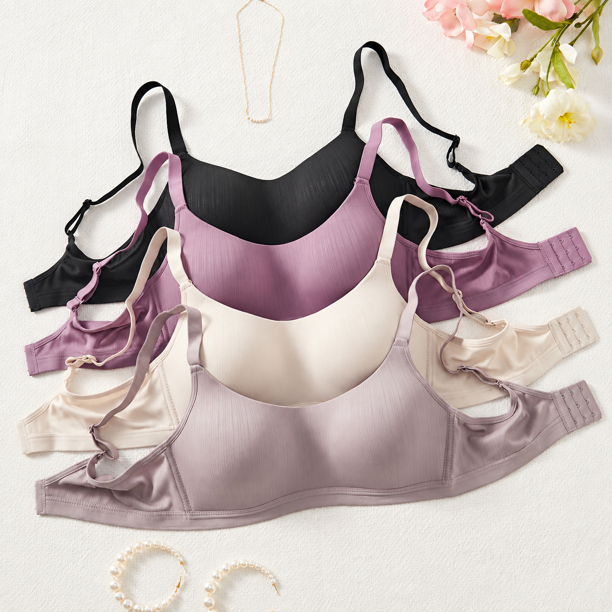 Pack Of 4 Casual Striped Wireless Bras For Women