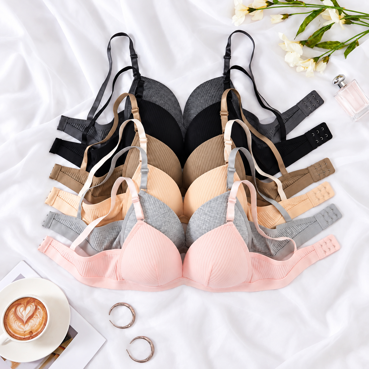 Pack Of 6 Solid Color Striped Non Wired Bras For Women