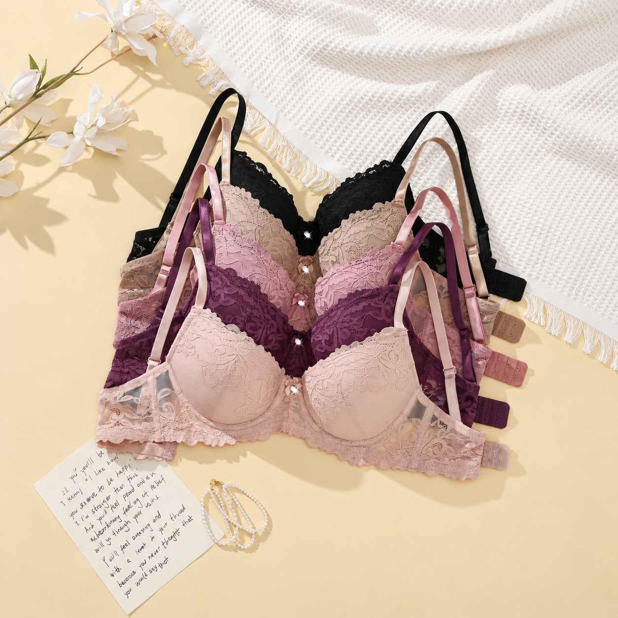 Pack Of 5 Adjustable Lace Push Up Bras For Women