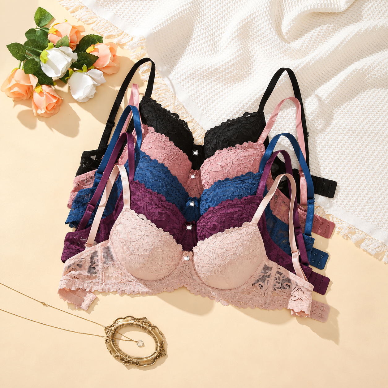 Pack Of 5 Adjustable Lace Push Up Bras For Women