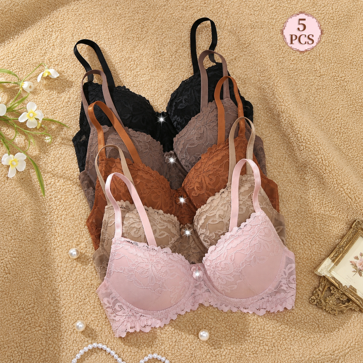 Pack Of 5 Adjustable Lace Push Up Bras For Women