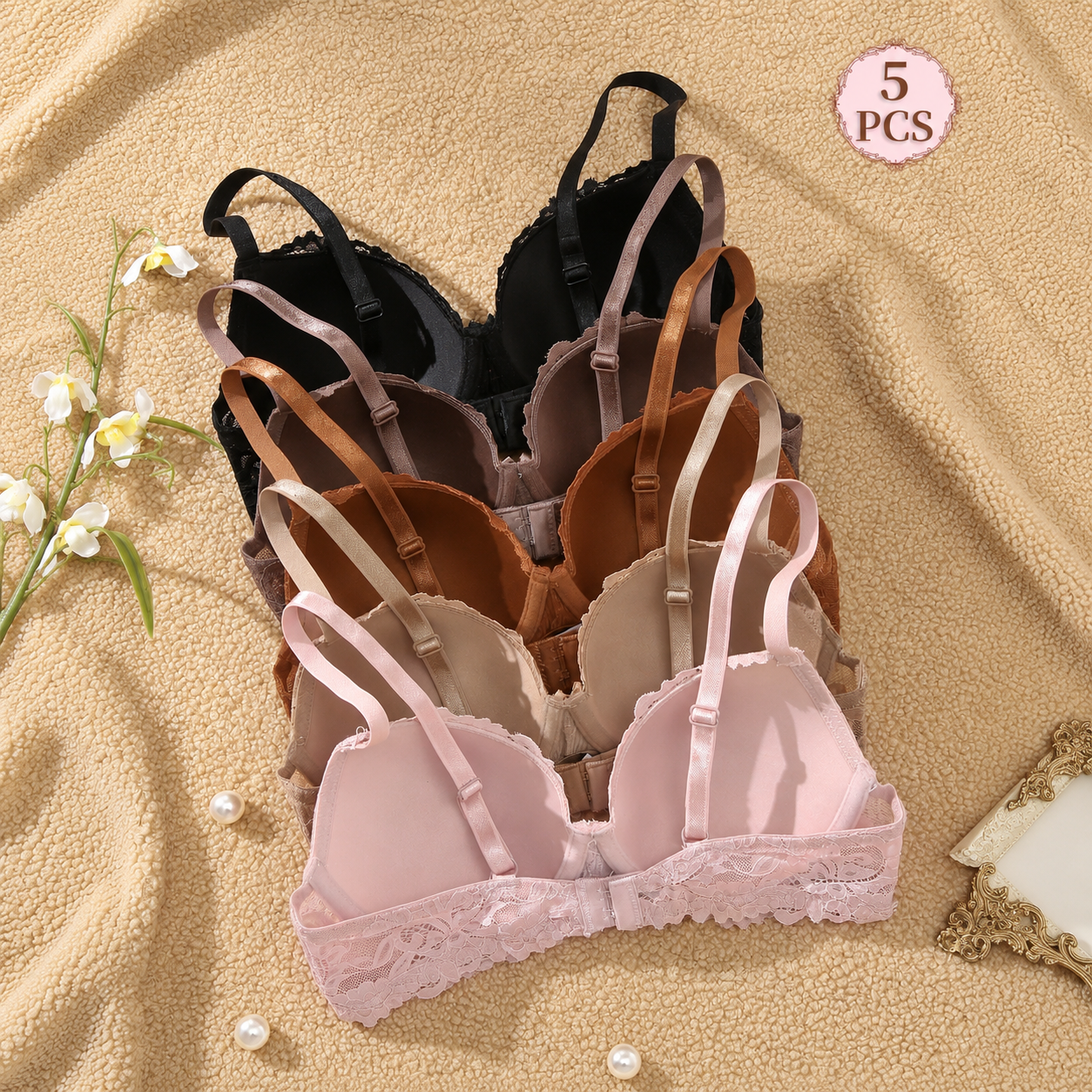 Pack Of 5 Adjustable Lace Push Up Bras For Women