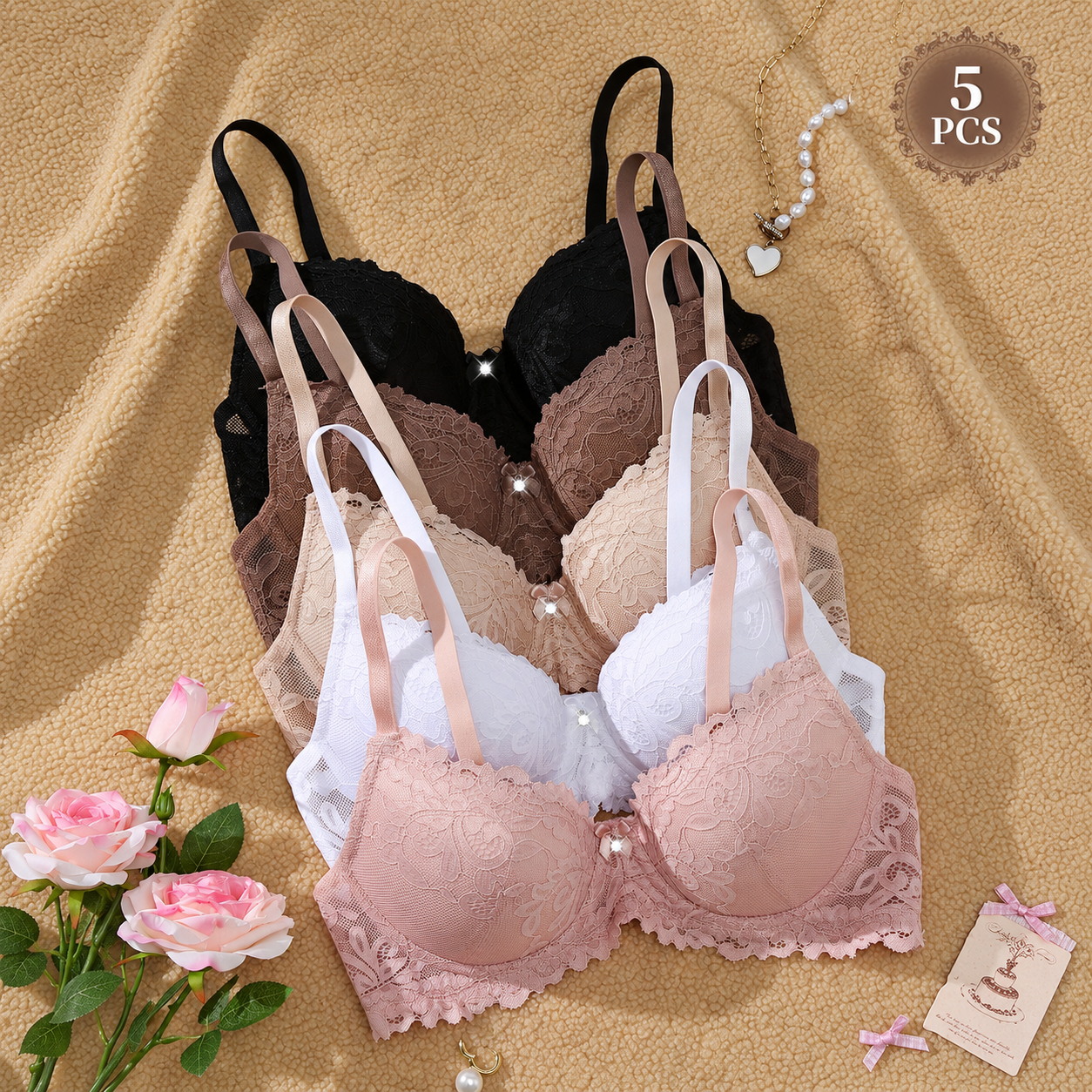 Pack Of 5 Adjustable Lace Push Up Bras For Women