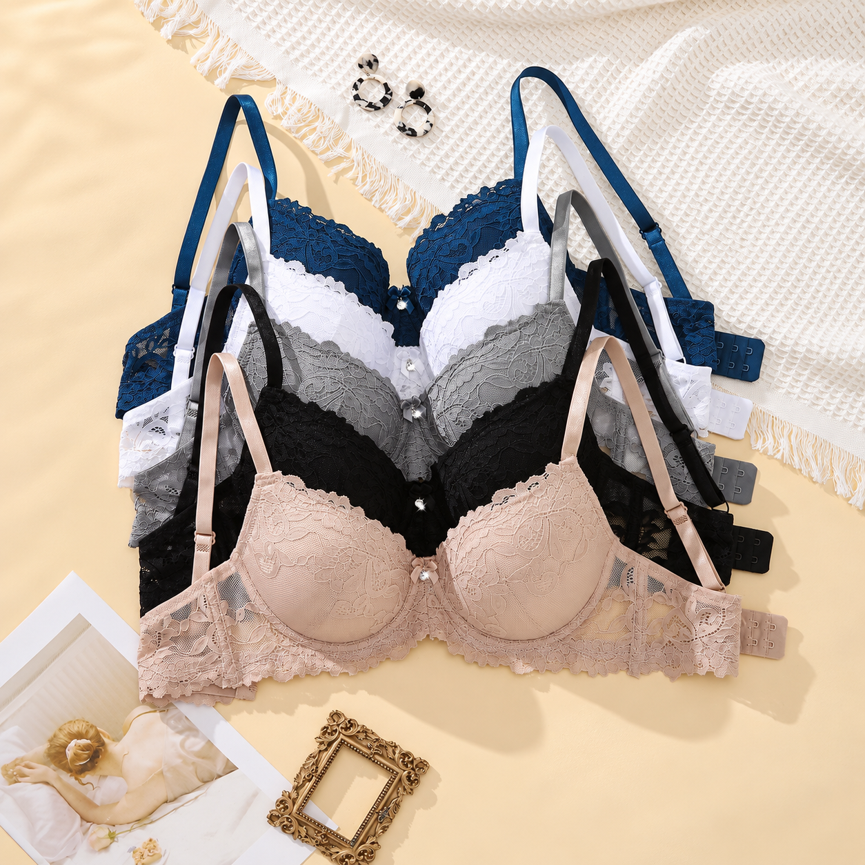 Pack Of 5 Adjustable Lace Push Up Bras For Women