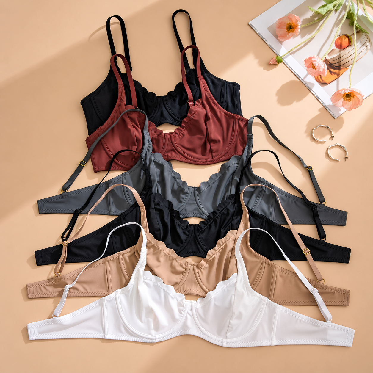 Pack Of 6 Wavy Edge Wireless Soft Cup Bras For Women