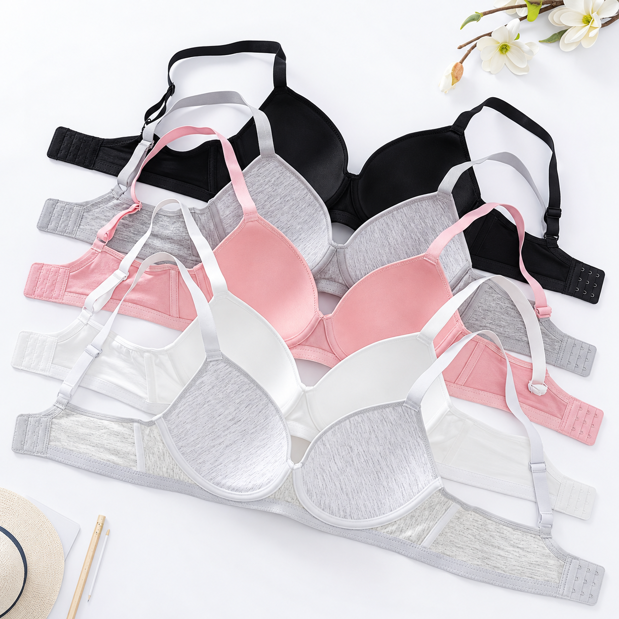 Pack Of 5 Unpadded Push Up Bras With Adjustable Straps For Women