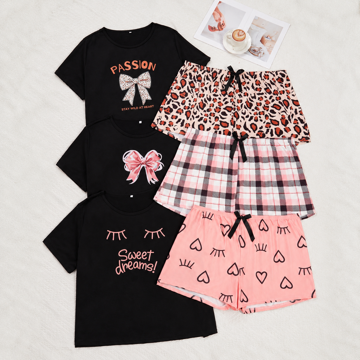 Pack Of 6 Plus Size Top And Shorts Pajama Sets