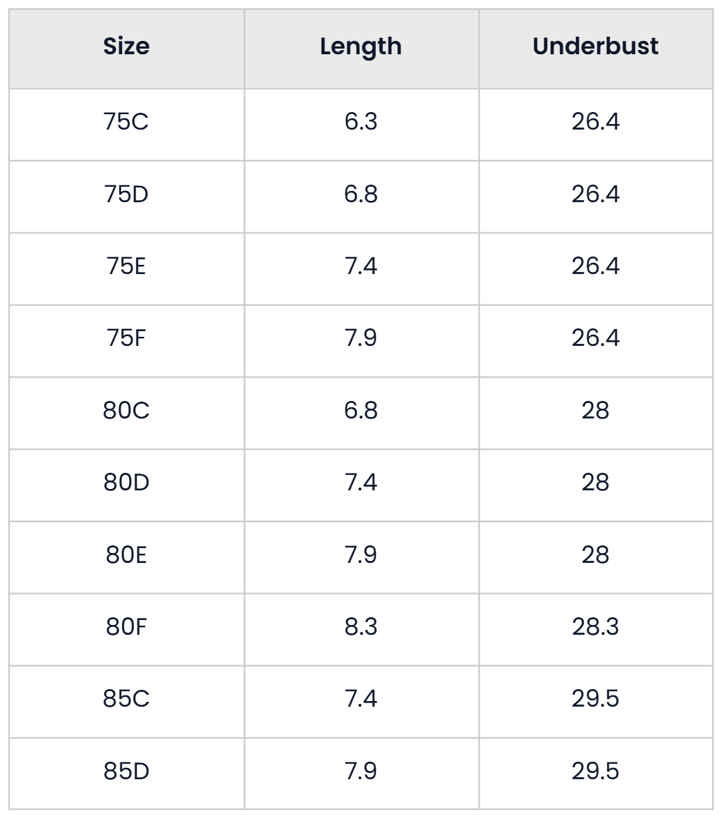 Size Chart for Seamless Push Up Longline Strapless Bra For Women