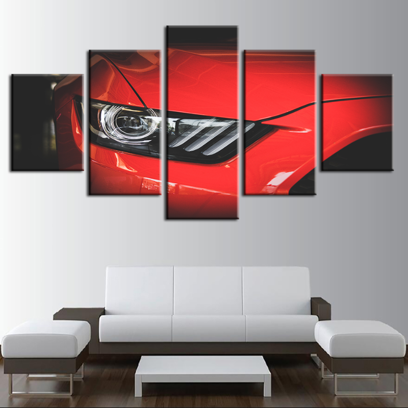 5 Piece Headlight Close Up Red Classic Car - Canvas Wall Art Painting