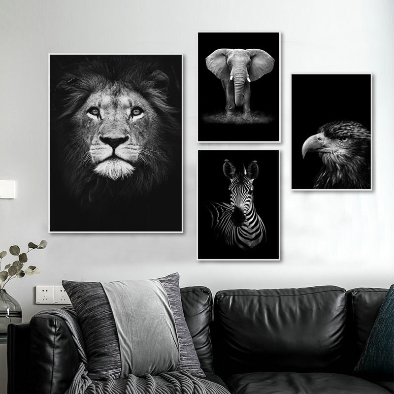Nature Wildlife Africa Wild Animals Black White  - Canvas Wall Art Painting-Original Wall Arts