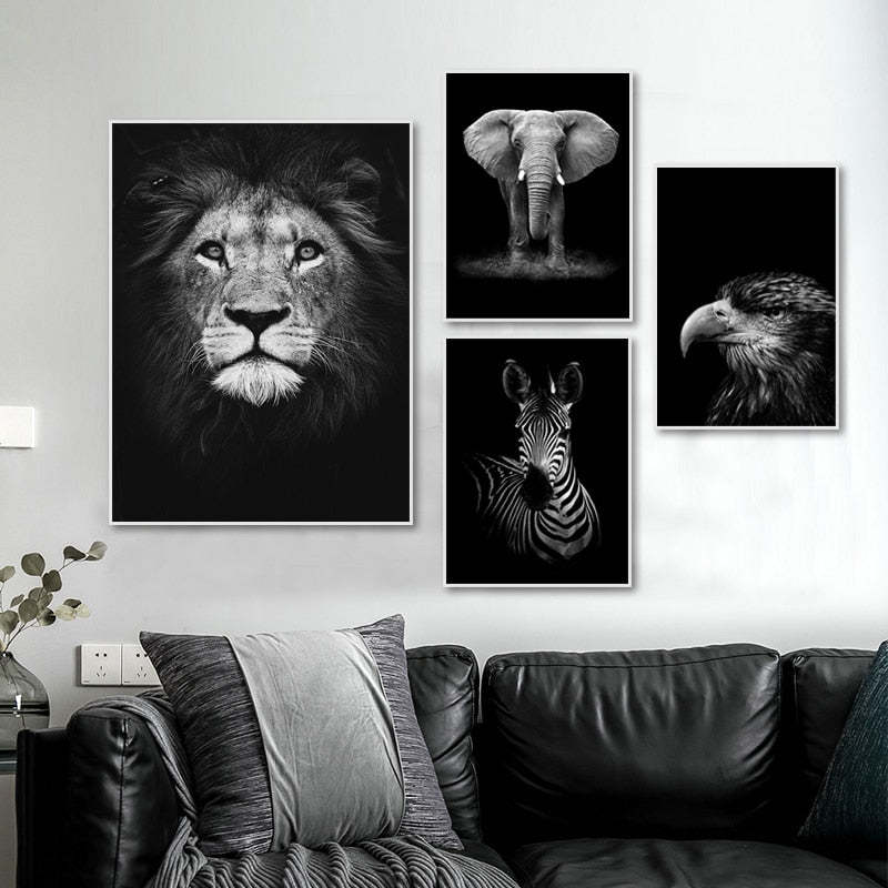 Nature Wildlife Africa Wild Animals Black White  - Canvas Wall Art Painting-Original Wall Arts