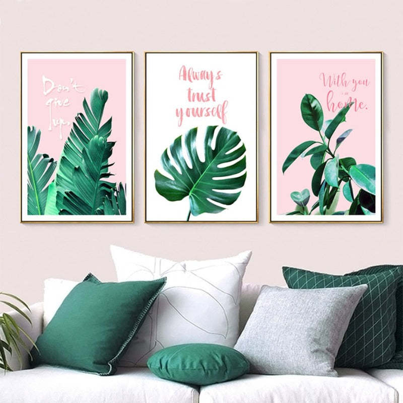 Pink Background Green Tropical Leaves - Canvas Wall Art Painting-Original Wall Arts
