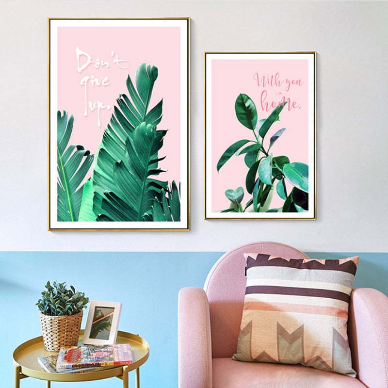Pink Background Green Tropical Leaves - Canvas Wall Art Painting-Original Wall Arts