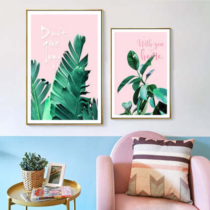Pink Background Green Tropical Leaves - Canvas Wall Art Painting-Original Wall Arts