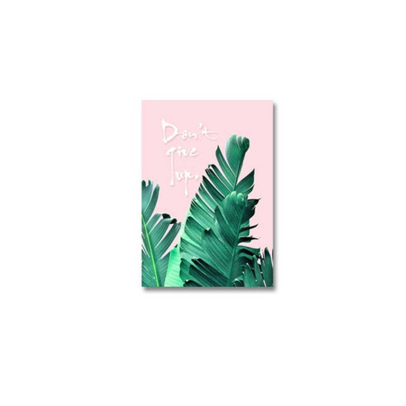 Pink Background Green Tropical Leaves - Canvas Wall Art Painting-Original Wall Arts
