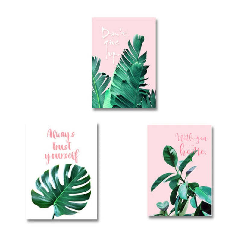 Pink Background Green Tropical Leaves - Canvas Wall Art Painting-Original Wall Arts