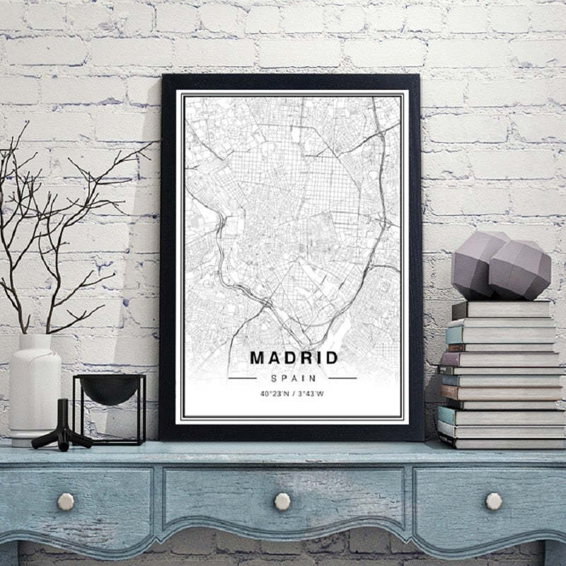 Black And White Madrid City Map Latitude Longitude Prints Poster-Original Wall Arts