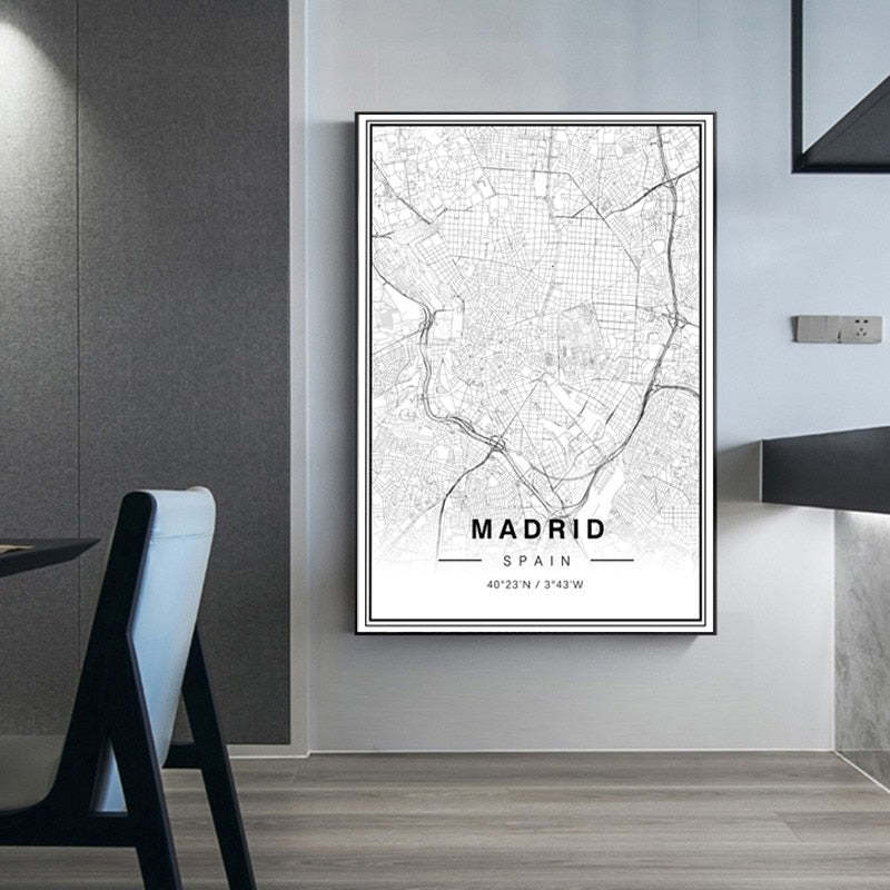 Black And White Madrid City Map Latitude Longitude Prints Poster-Original Wall Arts