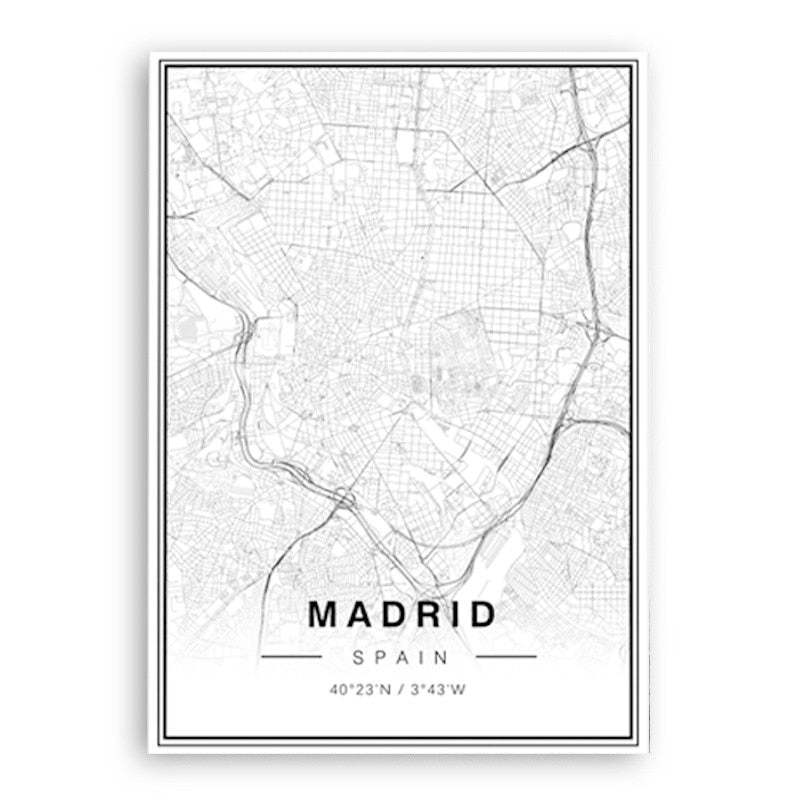 Black And White Madrid City Map Latitude Longitude Prints Poster-Original Wall Arts