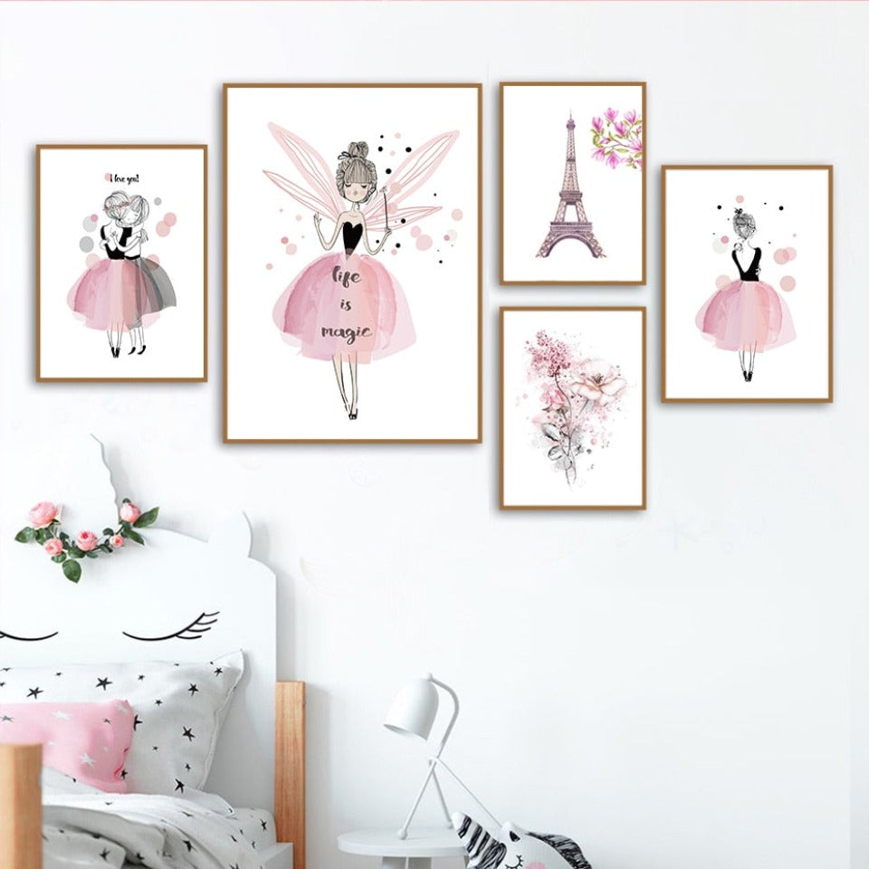 Watercolor Pink Kawaii Girls - Canvas Wall Art Painting-Original Wall Arts