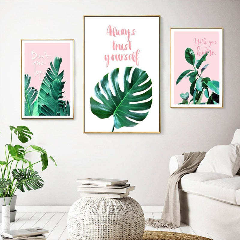 Pink Background Green Tropical Leaves - Canvas Wall Art Painting-Original Wall Arts