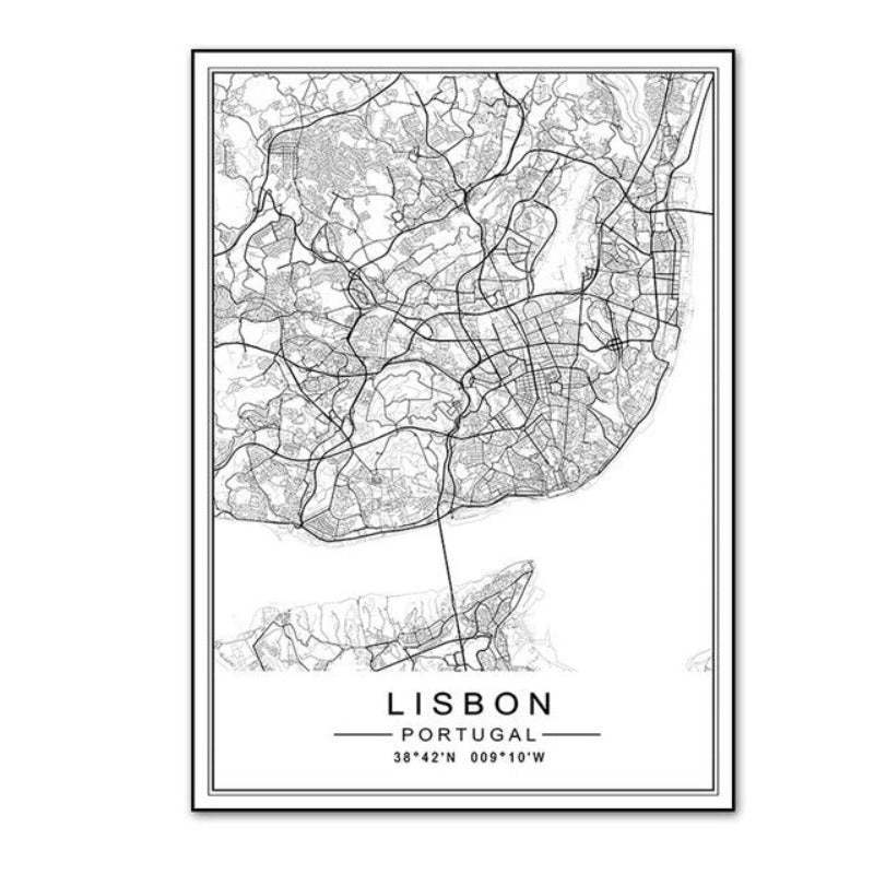 Minimalist City LISBON ZURICH Map Travel - Canvas Wall Art Painting-Original Wall Arts