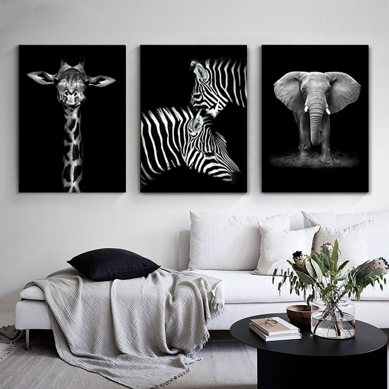 Nature Wildlife Africa Wild Animals Black White  - Canvas Wall Art Painting-Original Wall Arts