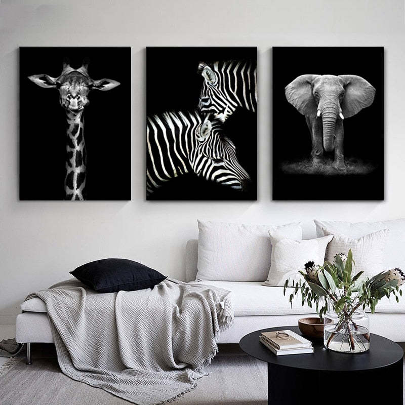 Nature Wildlife Africa Wild Animals Black White  - Canvas Wall Art Painting-Original Wall Arts