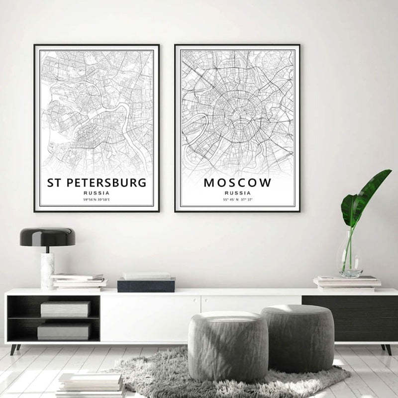 Moscow St Petersburg City Map Russia  - Canvas Wall Art Painting-Original Wall Arts