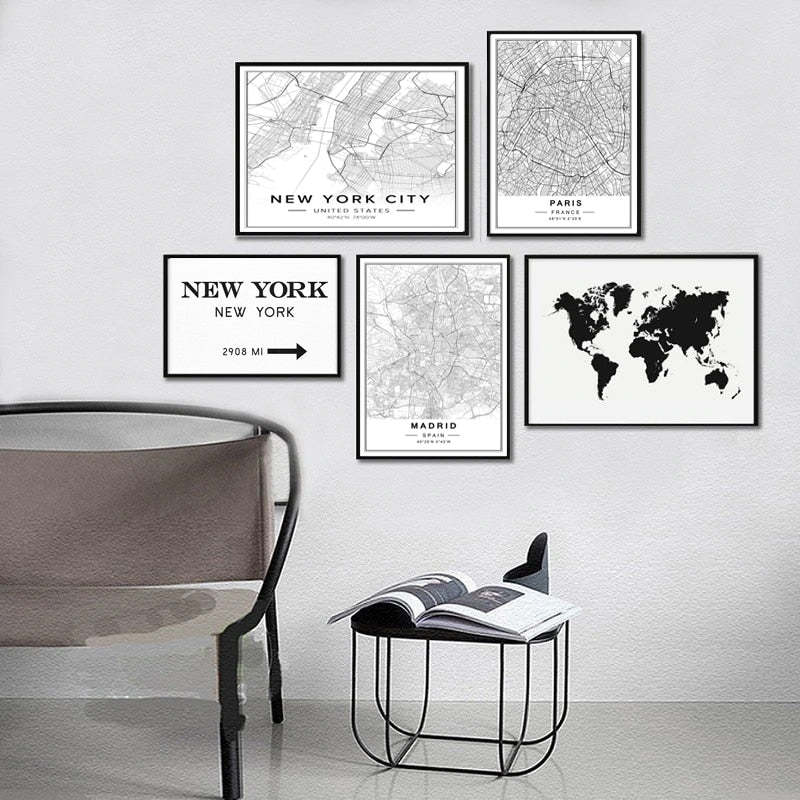 Nordic Minimalist World Famous City Map - Canvas Wall Art Painting-Original Wall Arts