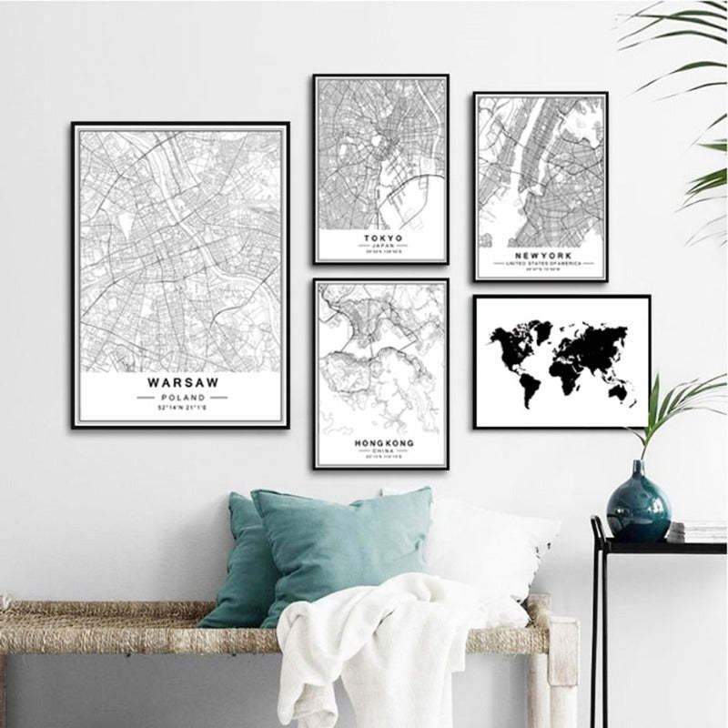 Nordic Minimalist World Famous City Map - Canvas Wall Art Painting-Original Wall Arts