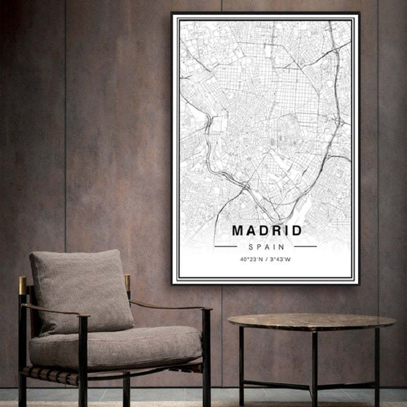 Black And White Madrid City Map Latitude Longitude Prints Poster-Original Wall Arts