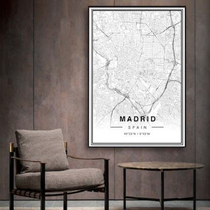 Black And White Madrid City Map Latitude Longitude Prints Poster-Original Wall Arts