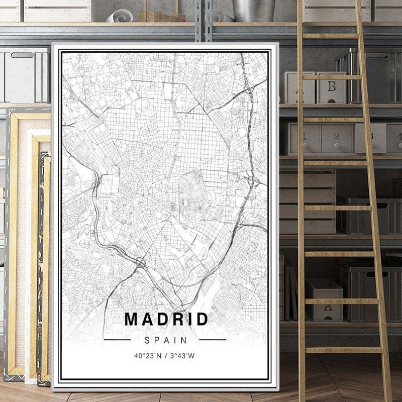 Black And White Madrid City Map Latitude Longitude Prints Poster-Original Wall Arts