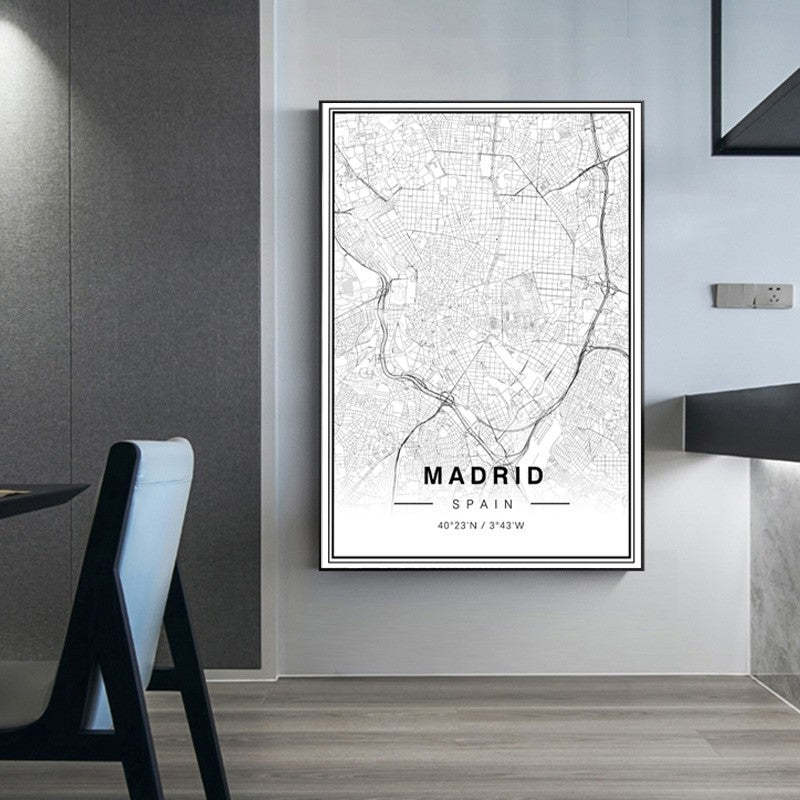 Black And White Madrid City Map Latitude Longitude Prints Poster-Original Wall Arts