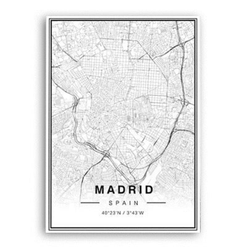 Black And White Madrid City Map Latitude Longitude Prints Poster-Original Wall Arts