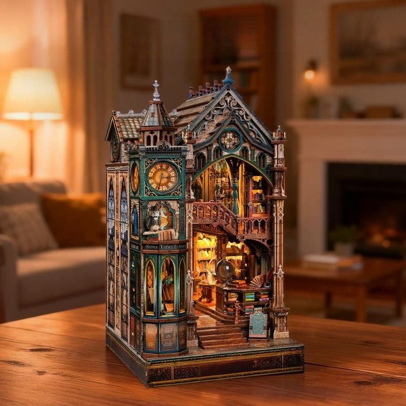 3D Wooden Library Book Nook Puzzle With LED Infinity Mirror Effect