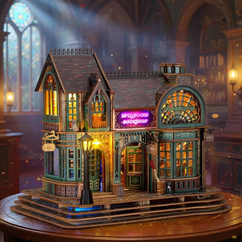 LED 3D Wooden Magic Bookshop Puzzle Model Kit