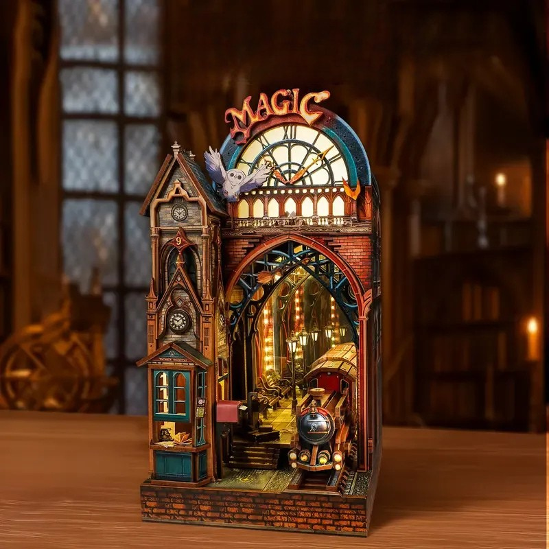 LED 3D Wooden Book Nook Puzzle Kit With Lighted Miniature Station Scene