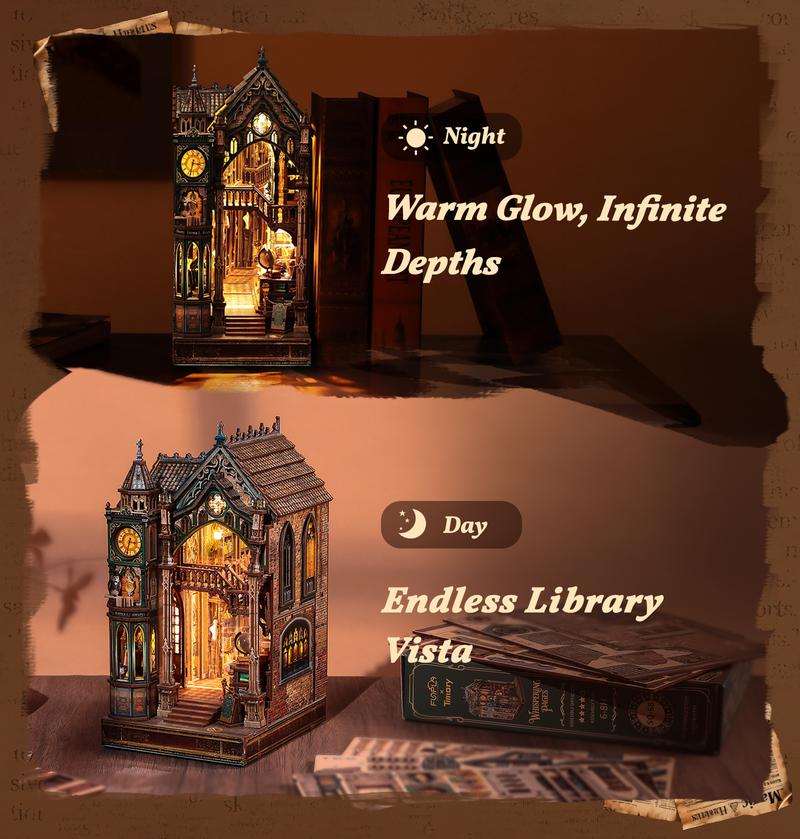 FUNPOLA Magic Library Book Nook Kit &ndash; LED 3D Wood Puzzle with Infinity Mirror &ndash; DIY Bookshelf Decor, Miniature Craft Gift for Kids and Adults
