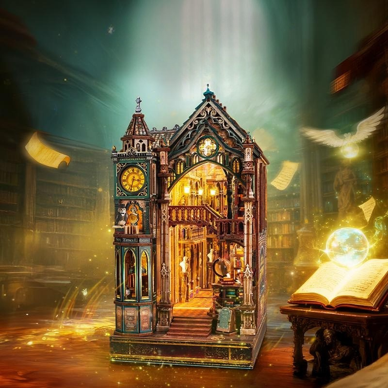 3D Wooden Library Book Nook Puzzle With LED Infinity Mirror Effect